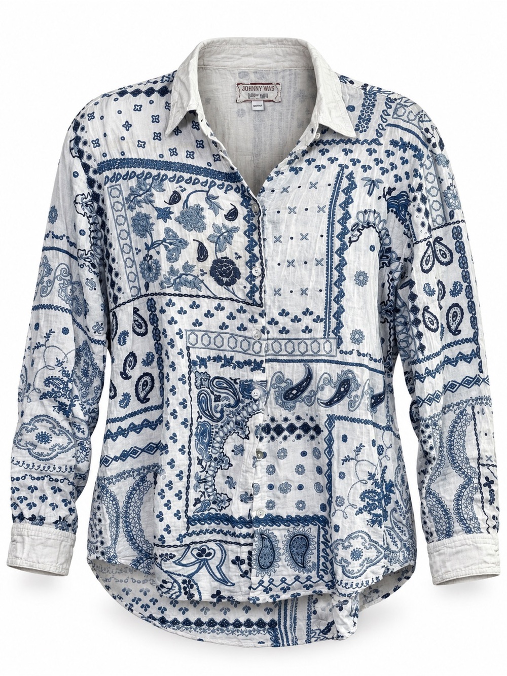 Johnny Was White Blue Vanya Schiffli Bandana Embroidered Shirt Womens Small S